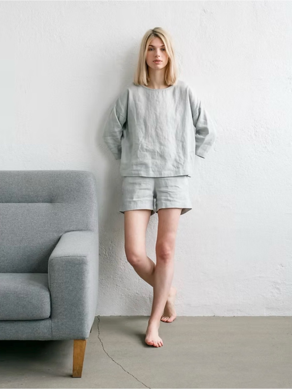 Light Gray Women's Linen Lounge Top & Short Set